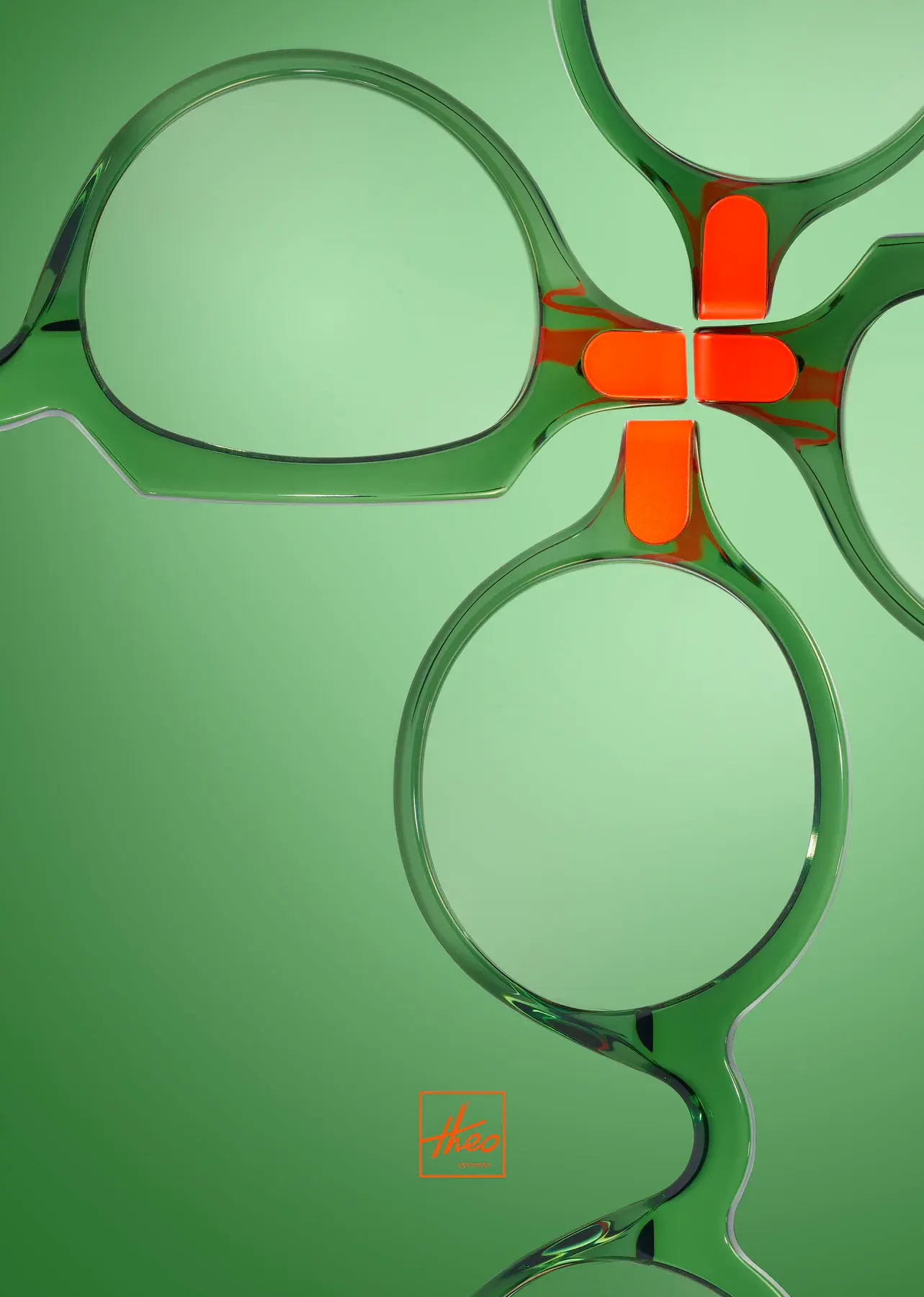 Rounded green theo frames with bright orange details.