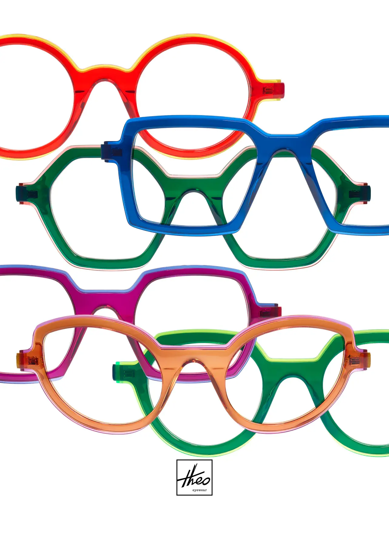 Overlapping theo frames in red, blue, green, pink and orange.