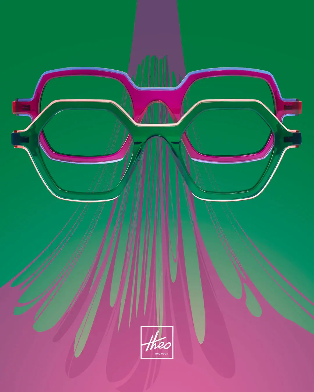 Magenta and emerald theo frames overlap against a green background with sweeping pink and violet lines.