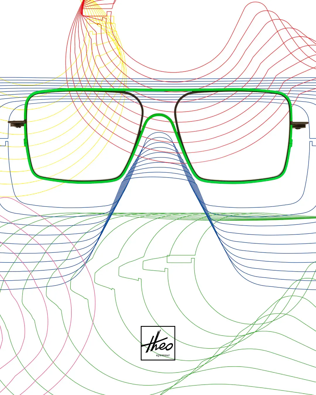 A green theo frame surrounded by fine, flowing lines in a spectrum of colours.