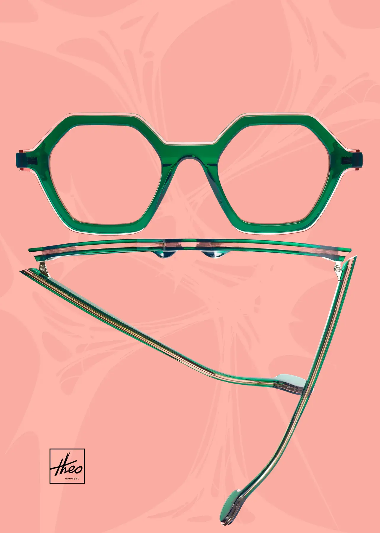 Sculptural dark-green theo frames against a coral background.