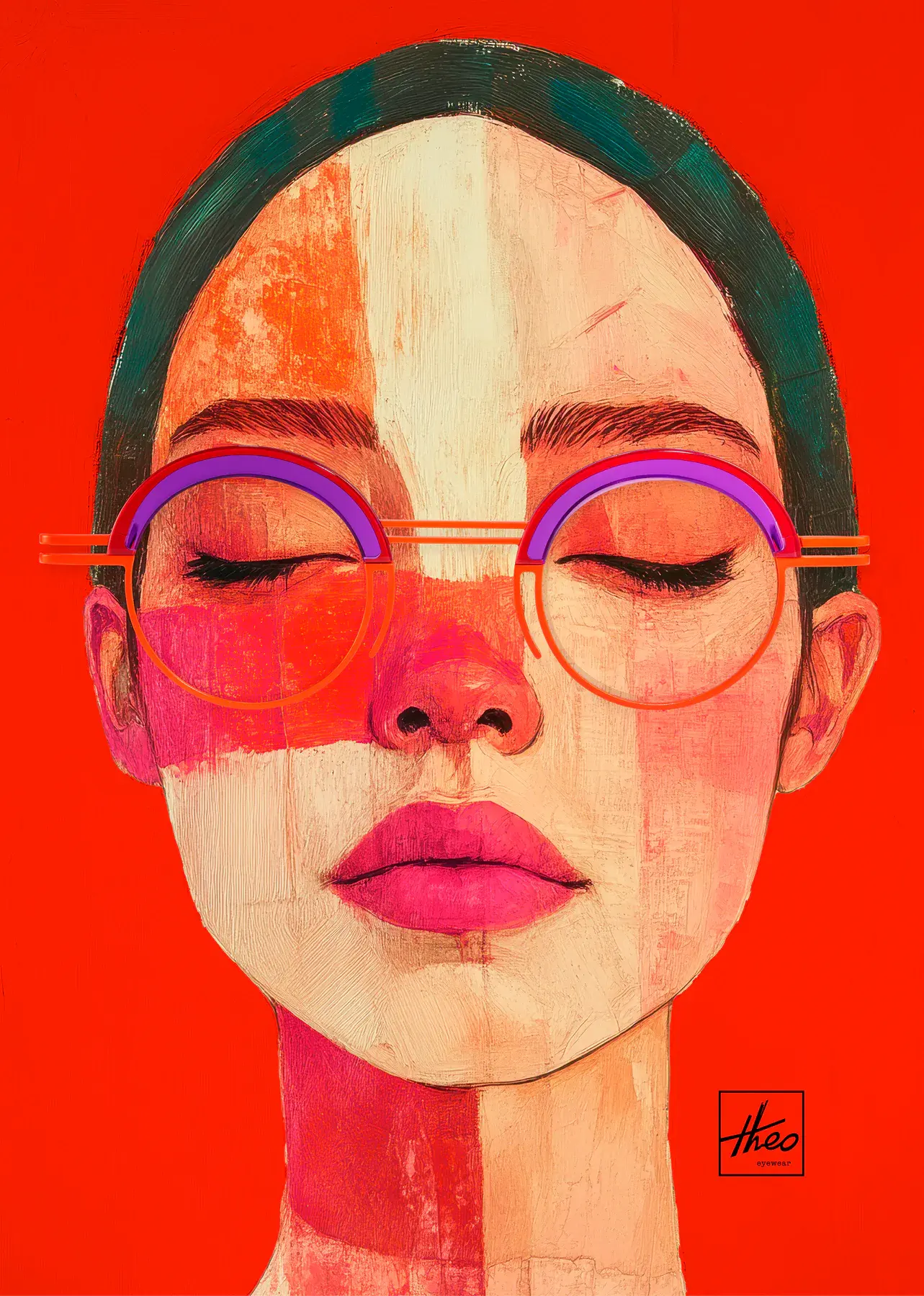 theo campaign artwork: a painted face wearing orange and violet round glasses.