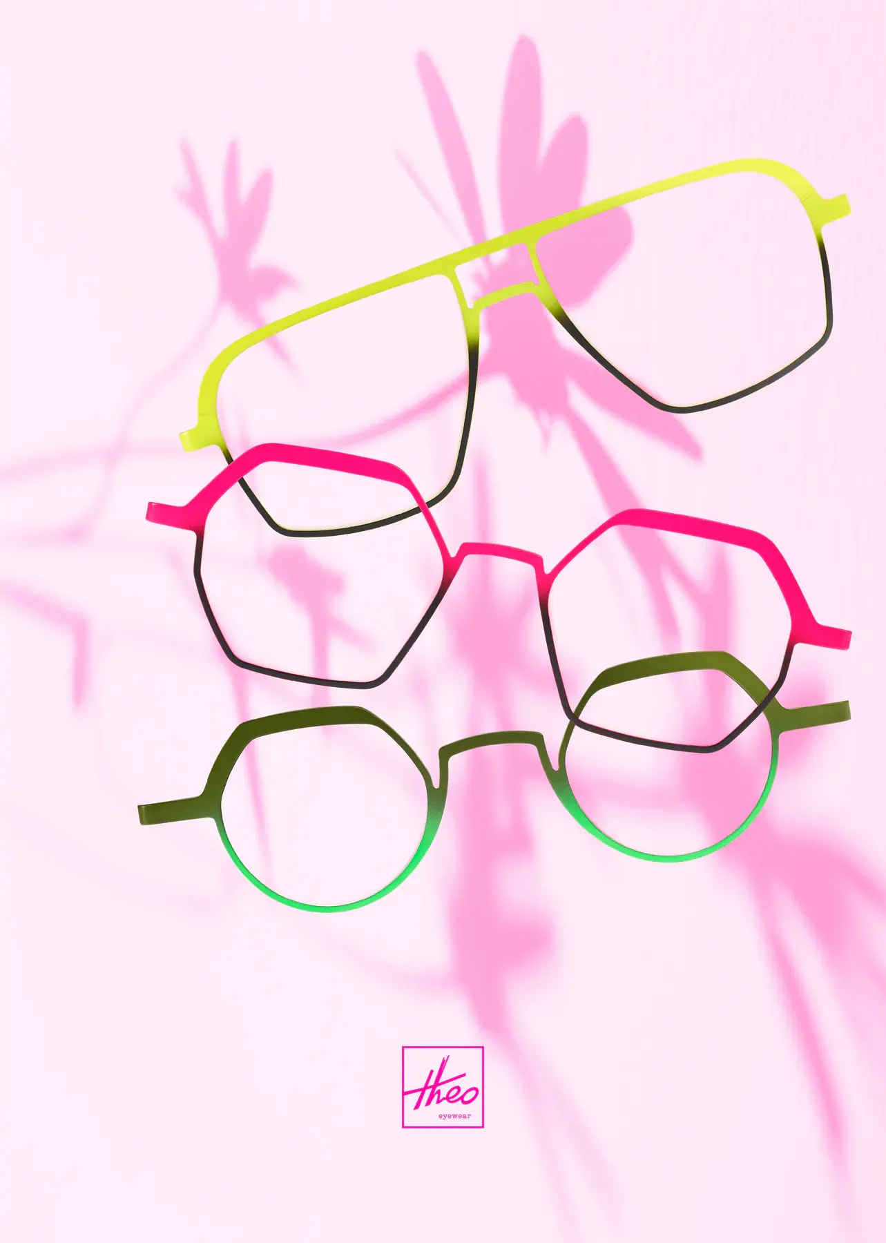 Three angular theo frames in bright pink, yellow and green against a pale pink background.