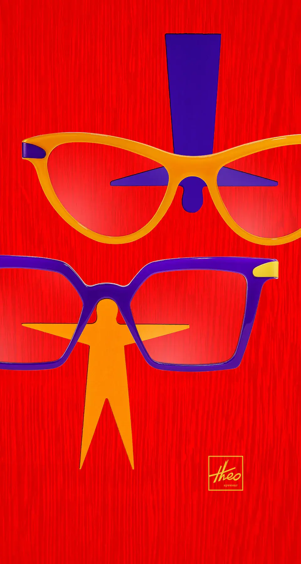 Orange and violet theo frames on a vivid red background.