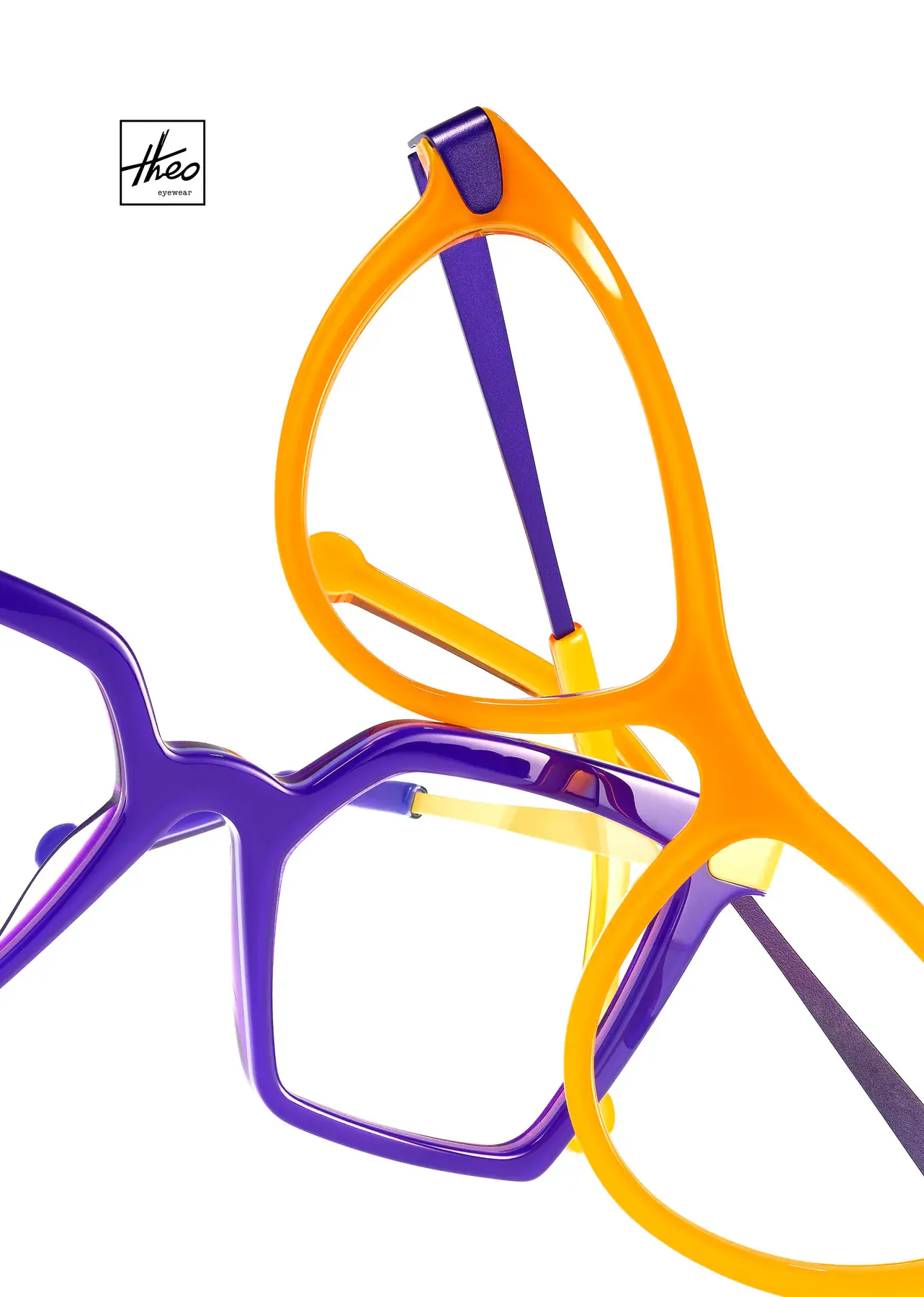 Yellow and violet theo frames arranged at intersecting angles on white.