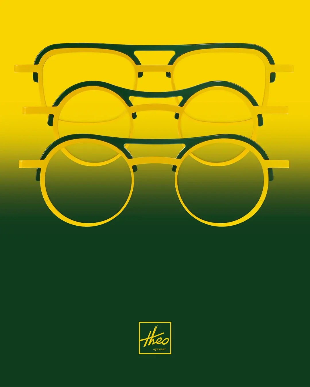 Three yellow and dark-green theo frames with different lens shapes on a yellow and forest-green background.